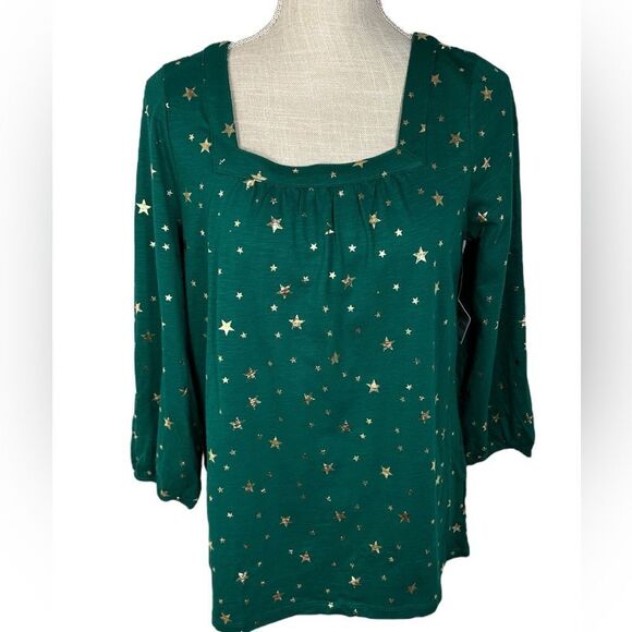 Style & Co Holiday Emerald Green Gold Metallica Star Print 3/4 Sleeve Top - Picture 2 of 6